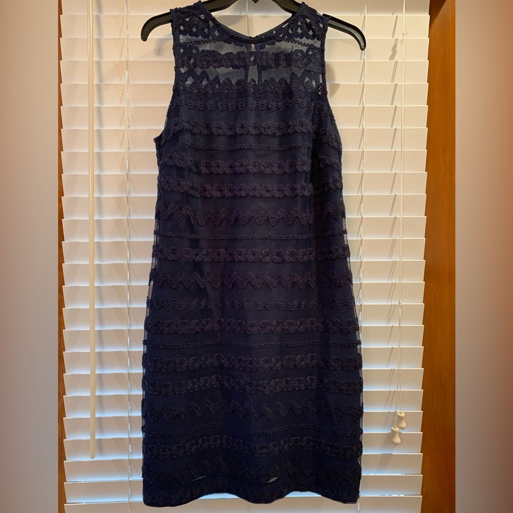 TRINA TURK Bissitti Dress Womens Size S Navy Blue Sheer Sheath Cocktail Wedding